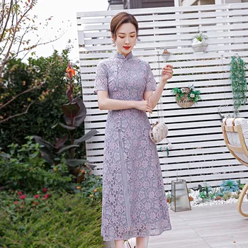 

Pink Flower Elegant Cheongsam Vestidso Casual Women LACE Chinese Dress Elegant High Split Qipao Plus Size 4XL Evening Party Gown