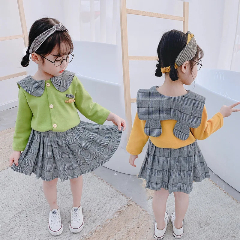 

2020 Spring And Autumn New Style Sweater Cardigan Girls Baby Cute Peter Pan Collar Plaid Short Skirt Two-Piece Set