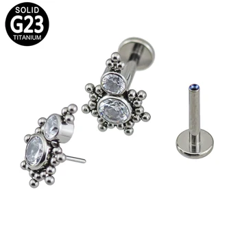 

G23 Titanium Push in 2 CZ Blaze Set Clustered Tribal Beads Tops Labret Lip Stud Ear Cartilage Tragus Helix Earring Piercings