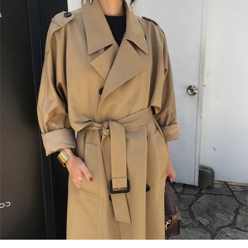 

Windbreaker Long 2021 Spring and autumn new double-row fastening over the knee chic army green trench coat fashion