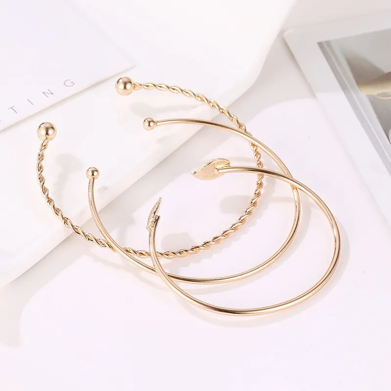 Elegant 3pcs Set Leaf Open Round Gold Bracelet Gifts for Women