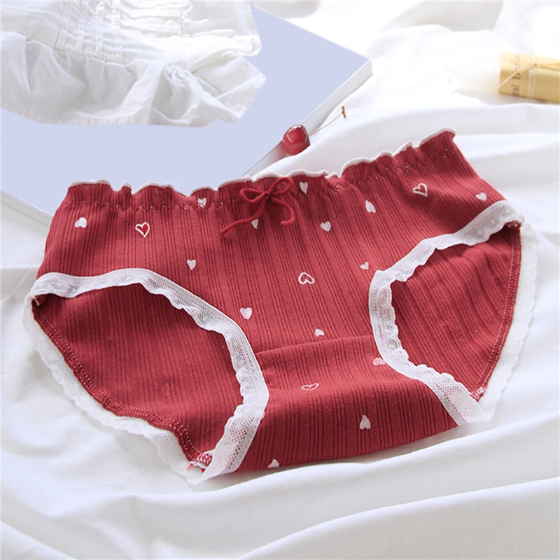 Cotton Panties Women Soft Underpant LaceUp Briefs Strawberry Heart Printed Panty 