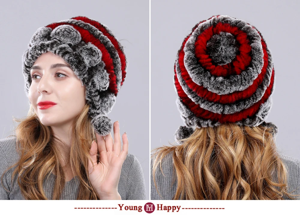Женские шапки Настоящий мех кролика, женские теплые вязаные шапки из натурального меха кролика рекс ручной работы, эластичные меховые шапки