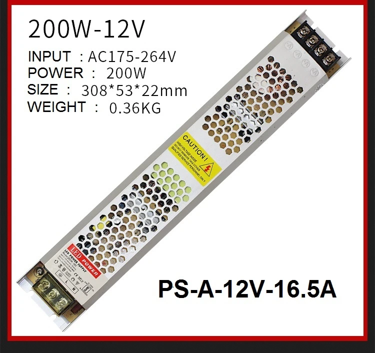 175-264Vac вход переменного тока, 12VDC выход, 5A 8A 12.5A 16.7A 25A 33A тонкий 12V Светодиодные полосы драйвер, 22 мм толщиной трансформатор лайтбокс блок питания