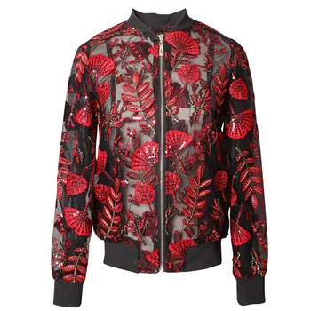 

Embroidery Red Leaf Mesh Jacket Women Coat Spring 2020 Luxury Long Sleeve See Through Sequin Summer Baseball Jackets Coats