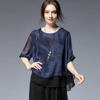 

WOMENGAGA 2020summer New Asymmetry O-Neck shirt Ruffles Wesh Casual Loose Large Size Womens Solid Fashion Paychwork A150