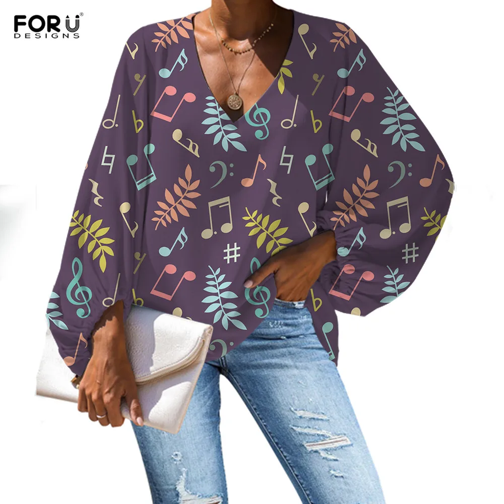 FORUDESIGNS/женские шифоновые блузки с v-образным вырезом и мелом и музыкальными нотами; повседневные рубашки с рукавами-колокольчиками на заказ; весенняя одежда