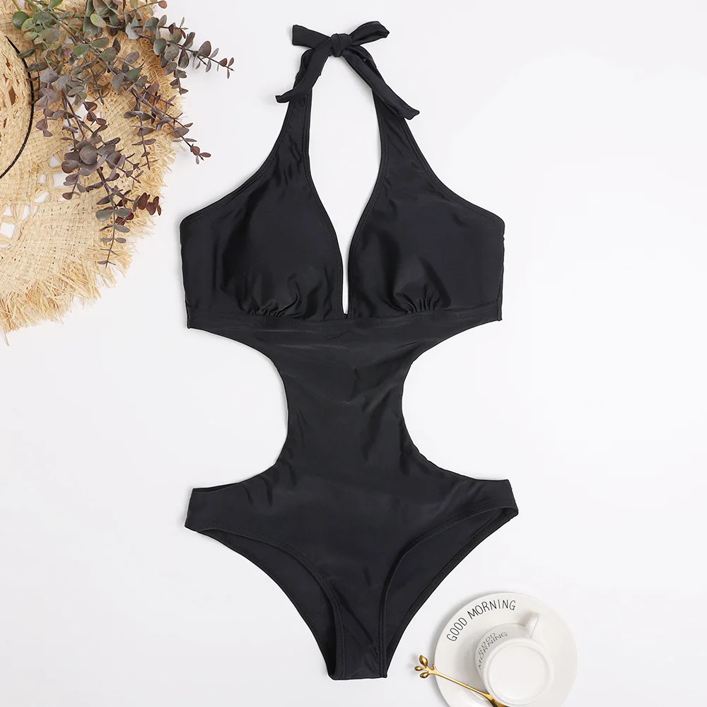 Sexy Cut Out Trikini Swimsuit for Women 2023 New Solid Deep V Halter Backless One Piece Swimwear Monokini Women\'s Bathing Suit