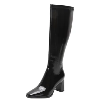 

Stretch Women Boots Simple Versatile Square Toe Thick Heel Ladies Shoes 2020 New High-heeled Patent Leather Solid Color Zipper