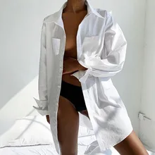 

Women's Loose White Shirt with Pocket Buttons Loose Cardigan Long-sleeved Lapel Solid Color Single-breasted Temperament Women