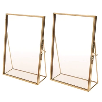 

2 Piece Simple Antique Rectangular Freestanding Transparent Glass Photo Frame for Home Decoration - Gold, 12.7 X 17.8 cm & 10.2