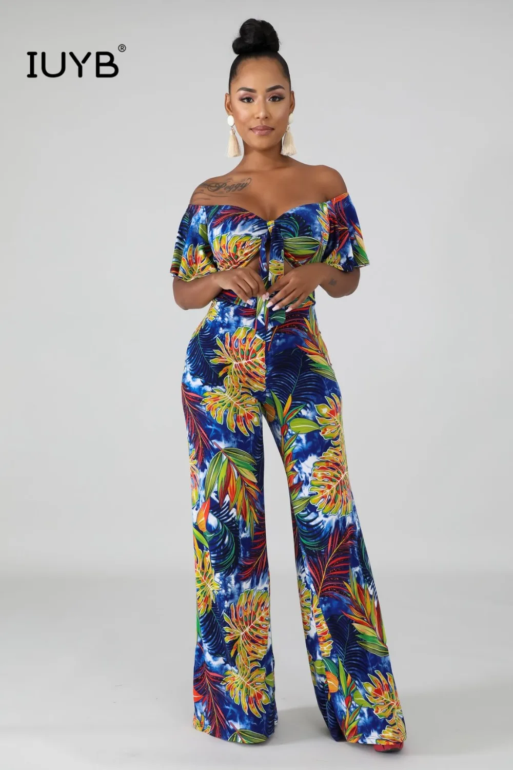IUYB Slash Print Leaf Maxi летние женские сексуальные короткий рукав спортивный комбинезон повседневные Широкие пляжные стильные комбинезоны YM-8417