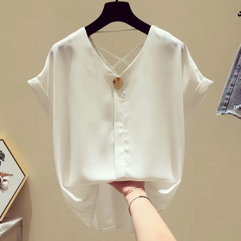 Новинка 2021 однотонная шифоновая блузка с V-образным вырезом женские блузки