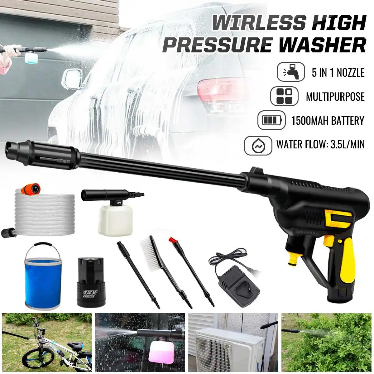 US $79.59 12V High Pressure Car Washer Electric Cordless Wash Pump Set Portable Cleaning Machine Car Cleaner Auto Washing Machine Kit