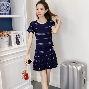 

Korea Style Fashion Square Top Size 2PCS/Set Knitted Short Crop Women Set Skirt + Piece Mini Plus Sleeve O-Neck Korea Dot e