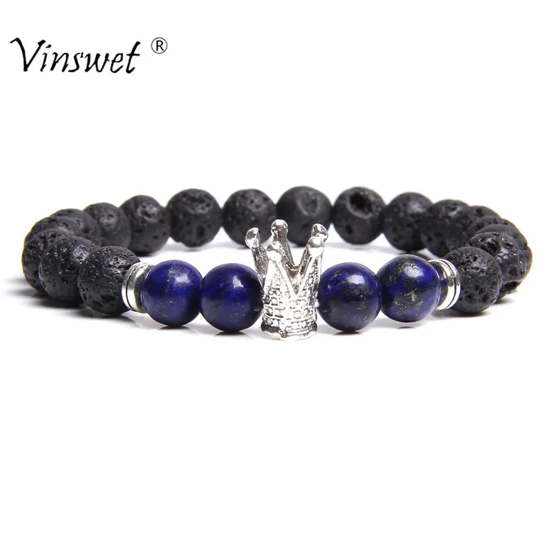 

Fashion Lava Stone Pave CZ Imperial Crown and Helmet Charm Bracelet for Men or Women Bracelet Jewelry Pulseira Hombres