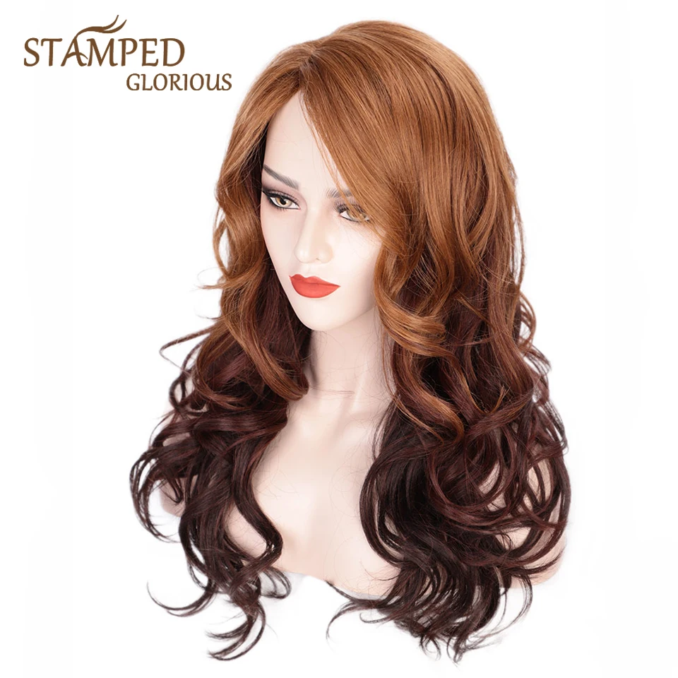 

Stamped Glorious Ombre Blonde Wine Red Wig Synthetic Wave Wig for Women SidePart Heat Resistant Fiber Wavy False Hair