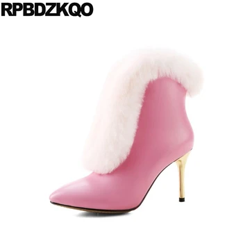 

winter 2019 pointed toe women genuine leather high heel ankle celebrity shoes furry handmade fluffy pink stiletto metal boots