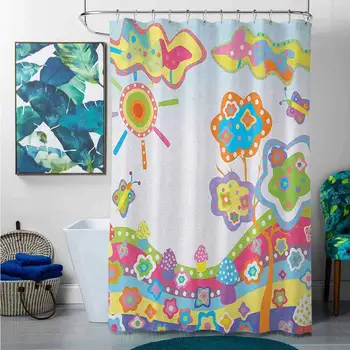 

Shower Curtains Mermaid Doodle,Childlike Drawing of a Hill with Colorful Sun a Tree and Clouds Simple Abstract Art,