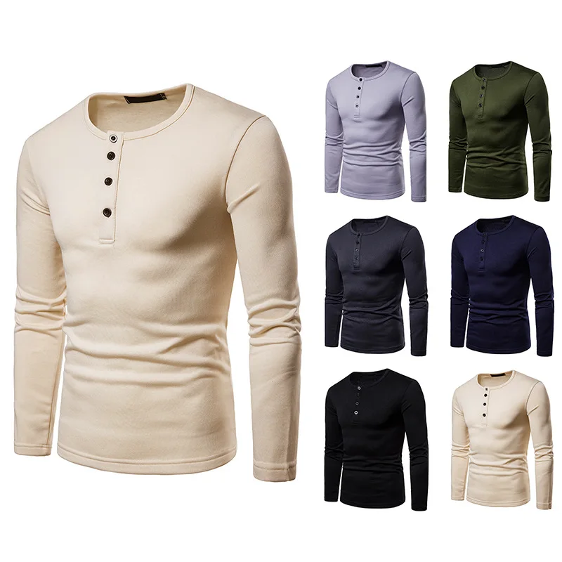 

2018 Autumn And Winter New Style Men Fashion Henry Collar Long-sleeved T-shirt plus Velvet Warm Base Shirt