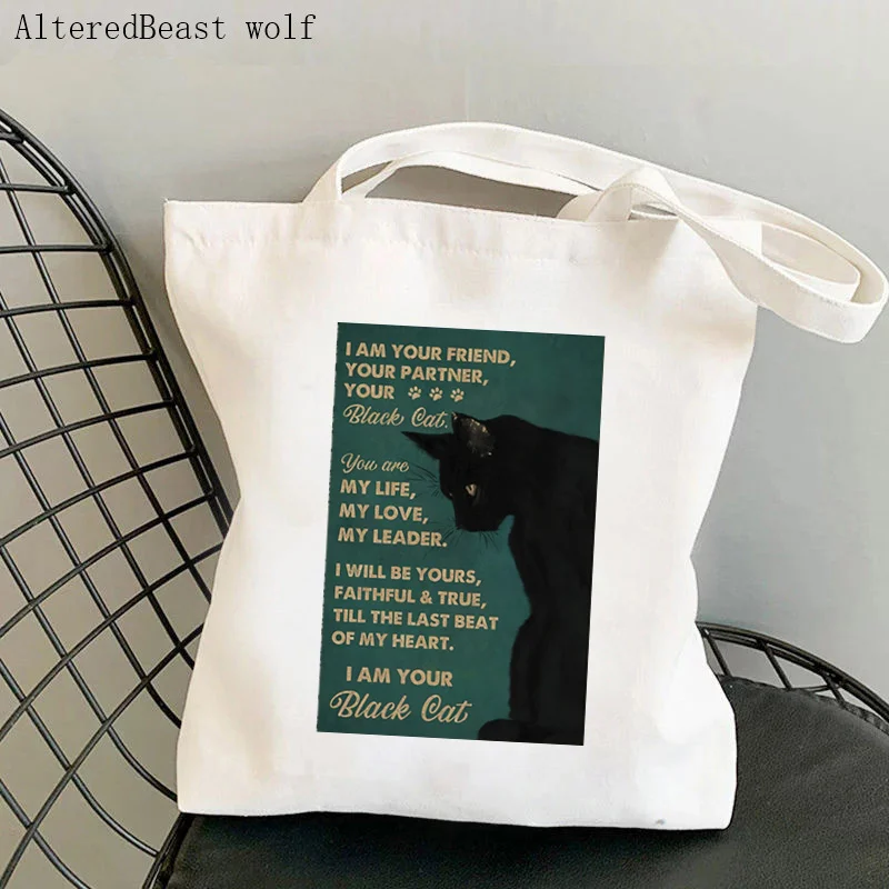 Women Shopper bag Quotes Black Cat Printed Kawaii Bag Harajuku Shopping Canvas Shopper Bag girl handbag Tote Shoulder Lady Bag