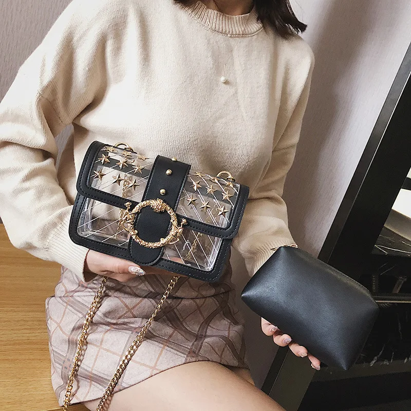 

On the new female 2019 new tide Korean version of Joker Messenger bag chain shoulder transparent black bag
