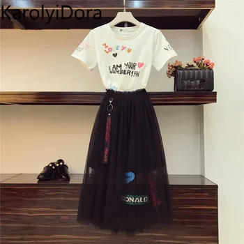 

New 2020 Summer Women's 2 PCS Set Fashion Student Letter Graffiti Print Letter T-shirt + Elastic Waist Mesh Skirt Suits