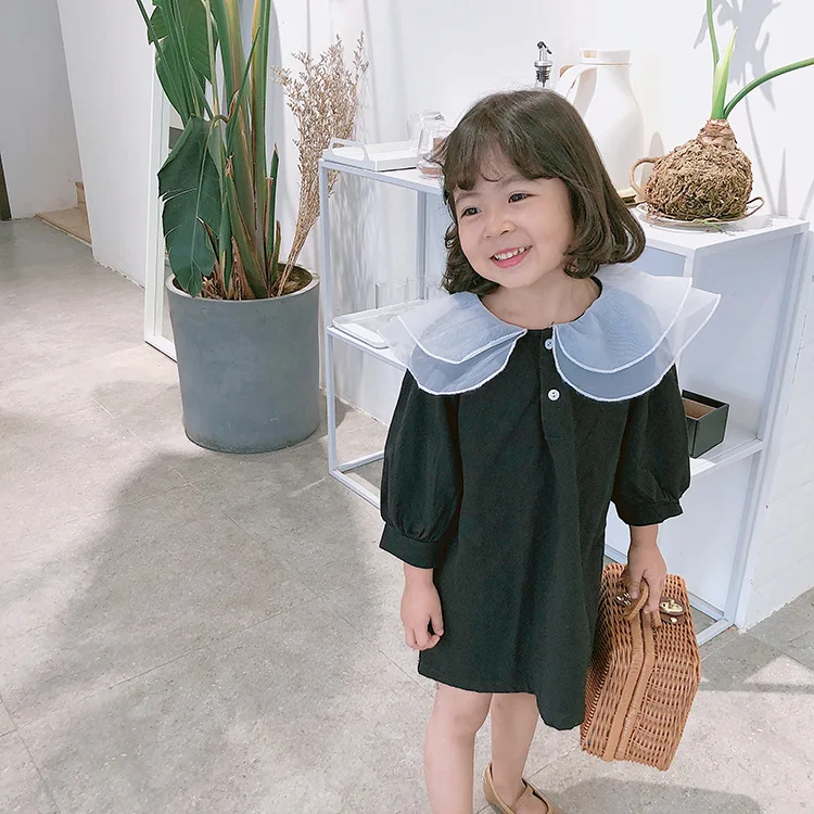 Humor Bear/платье для девочек коллекция года, новое осеннее детское корейское двухслойная сетка, воротник, рукав-фонарик, платье с длинными рукавами одежда для детей