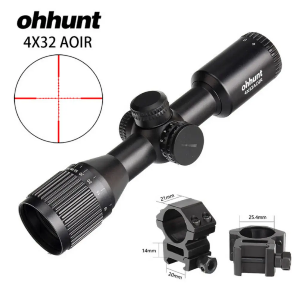 Ohhunt 4X32 AOIR компактный прицел для винтовки Mil Dot красная и зеленая подсветка охотничья оптика оптические прицелы заполняющий азот область с кольцами - Цвет: with Picatinny Rings