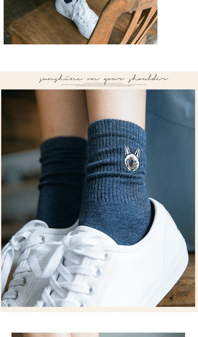 Модные женские хлопковые носки с вышивкой, милые спортивные носки с котом, Японские Женские однотонные носки, стерео носки с рисунками животных