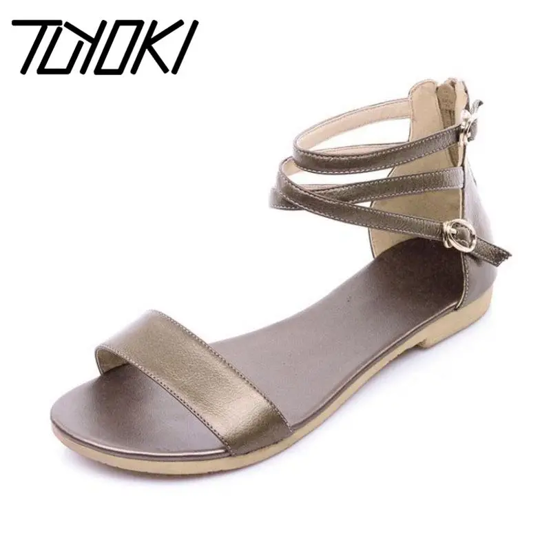 

Tuyoki Women Flats Sandals Real Leather Quality Sandals Sexy Zipper Buckle Ankle Band Summer Shoes For Women Plus Size 31-46