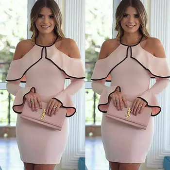 

Elegant Women Flare Sleeve Ruffles Sheath Mini Dress O Neck Sexy Cold Shoulder Skinny Clubwear Womens Mini Short Dress