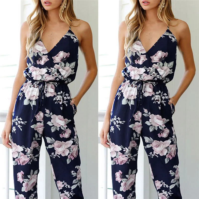 

Summer Women Ladies Playsuit Party Jumpsuit V Neck Floral Bandge Romper High Waist Long Trousers Pants Clubwear Street Wear