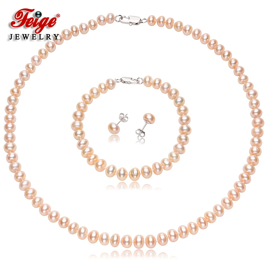 Collar de perlas clásicas de Plata de Ley 925 mujer, conjunto de joyería Rosa Natural, oblato, perlas cultivadas en agua dulce, regalos de FEIGE|Conjuntos de joyería| - AliExpress