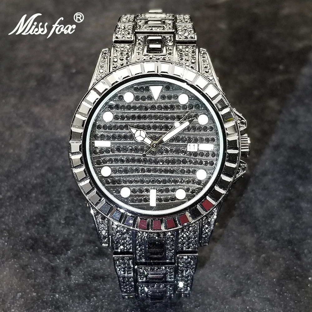 MISSFOX Hip Hop Black Men's Watches Luxury Full Diamond Quartz Watch Personalized Iced Out Luminous Waterproof Relogio Masculino