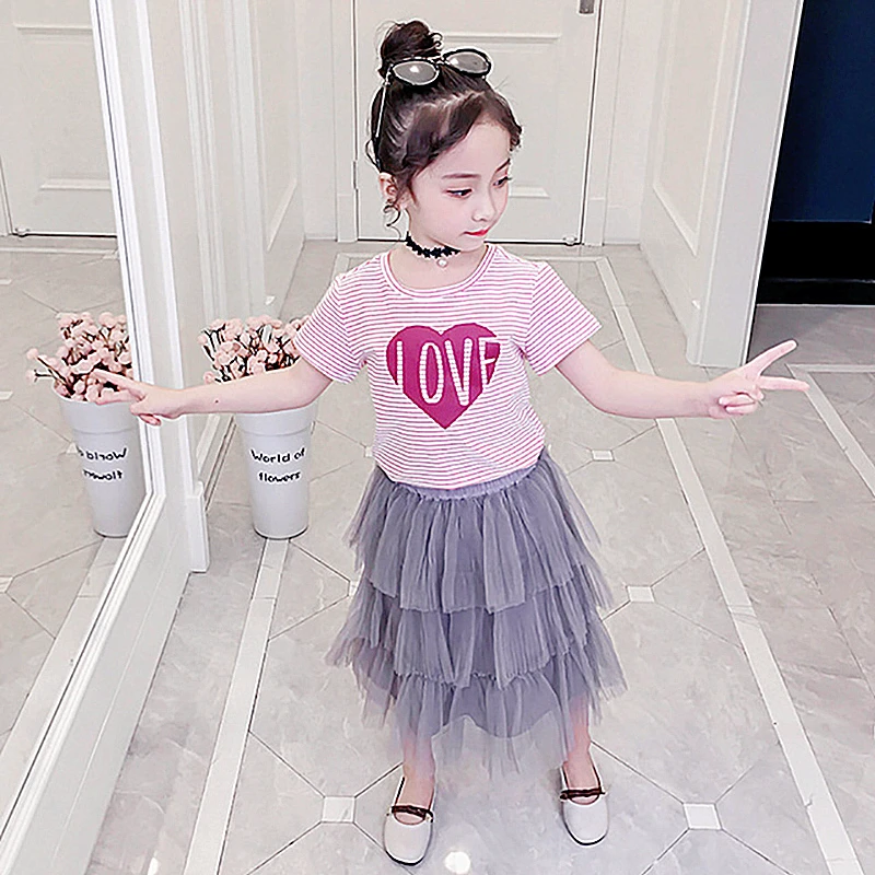 

2019 Kids Clothing Set 7 8 9 10 to 12 Years Lovely Pattern Stripe T Shirt Gray Skirt Two Pieces Set for Girls Summer 2019 5AB2C