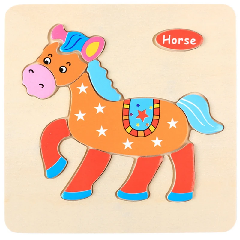 Деревянные игрушки Монтессори для детей, 3D головоломка, Мультяшные животные, картина, ранние образовательные головоломки, интеллектуальные игрушки для детей - Цвет: horse