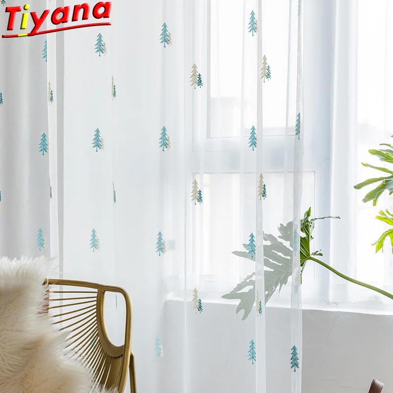 

Cute Christmas Tree Tulle Curtains for Kid's Room Christmas Home Decor Blue/Beige Embroidered Yarn for Living Room WH092#20