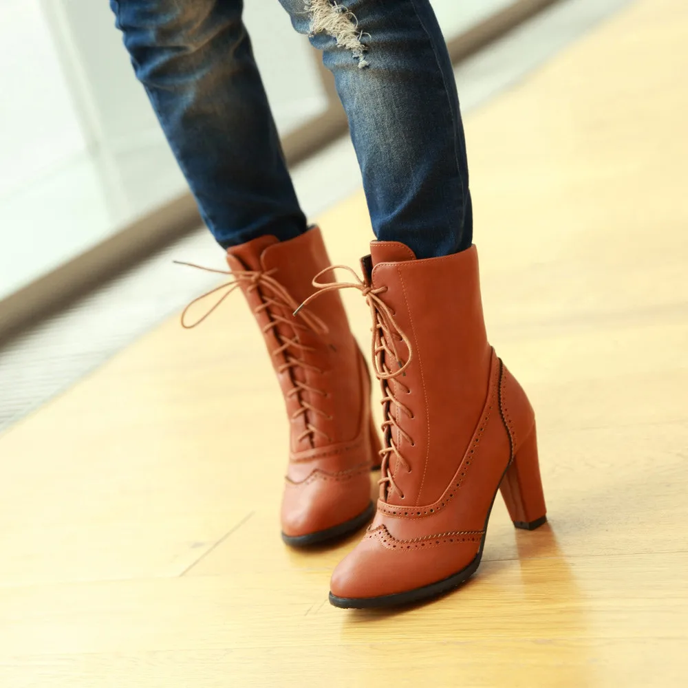 Женская обувь; большие размеры; женские классические ботинки на высоком каблуке с острым носком и шнуровкой; зимние сапоги средней длины; zapatos de mujer