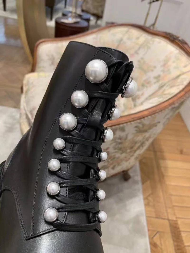 Ботинки женские ботильоны ботинки «Челси» на платформе кожаная обувь женские ботинки на шнуровке с жемчугом черного цвета sapato feminino