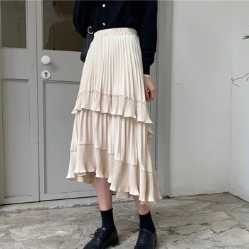 

2020 Women Girls Solid Color High Waist Skirts Ladies Elegant Temperament Ruffled Skirts Fashion Chic Pleated Skirts For Female*
