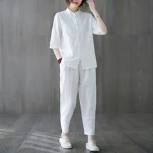 Estate due pezzi set donna cinese autunno manica lunga Tan abiti Casual Plus size cotone lino abito camicetta + pantaloni Haren