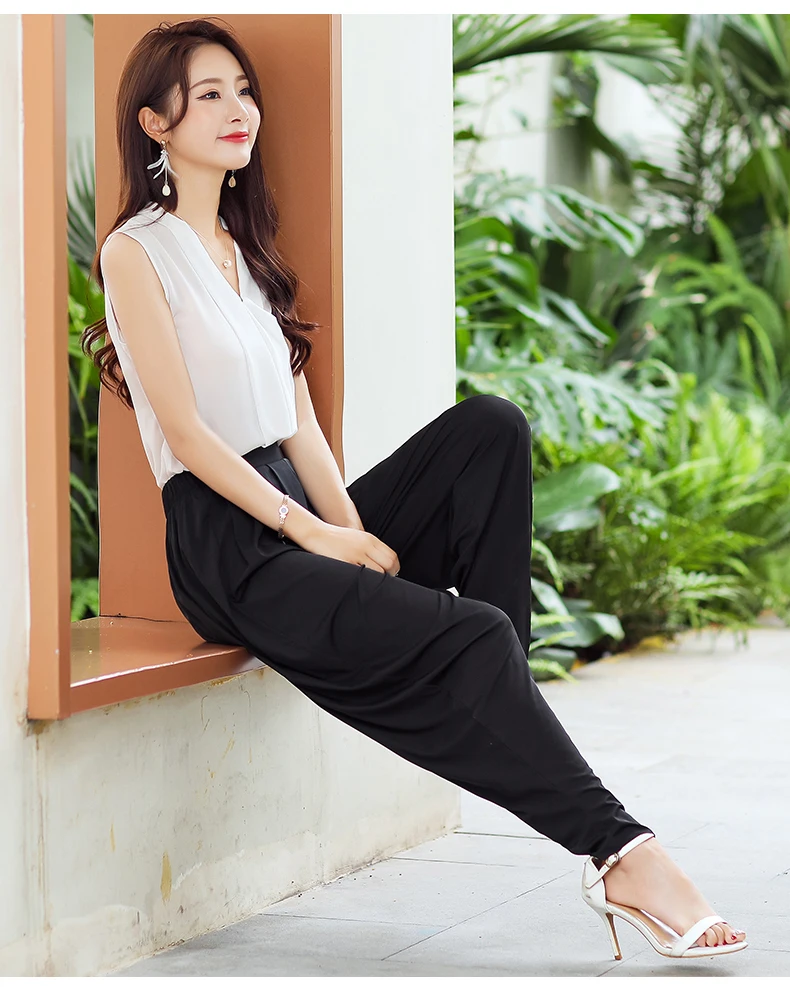 2020 New Summer Women Harem Pants High Waist Wide Leg Pants Casual Ankle-Length Trousers Loose Korean Plus Size Black Pants