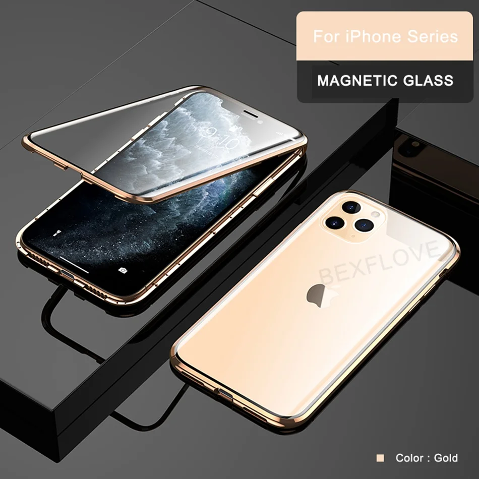 Металлический чехол для iPhone 6 7 8 Plus X XS XR MAX чехол Магнитный 360 противоударный Закаленное стекло чехол для Apple iPhone 11 Pro Max чехлы - Цвет: Gold