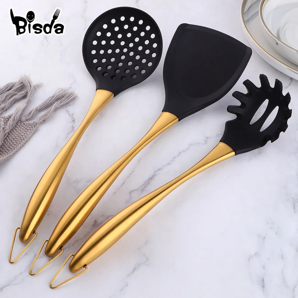 1-7PCS Cooking Tools Set Soup Scoop Slotted Spoon Turner Ladle Stainless Steel Silicone Head Hanging Kitchen Server Pot