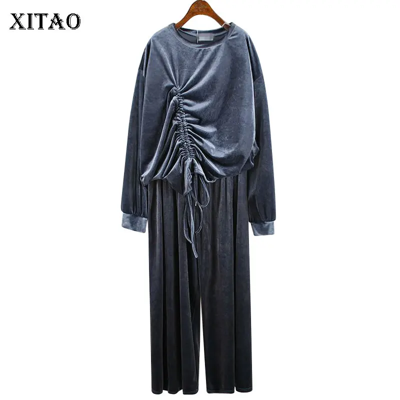 

XITAO Drawstring Pleated 2 Pieces Set Women Fashionable Top Women Clothes 2019 Loose Elegant Elastic Waist Full Pants WLD3029