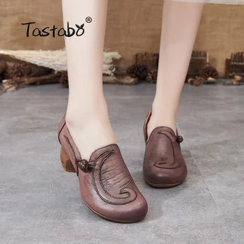 

Tastabo manual Genuine Leather high heel women's boots Black brown Vintage texture S90839 Daily women's shoes Comfortable lining
