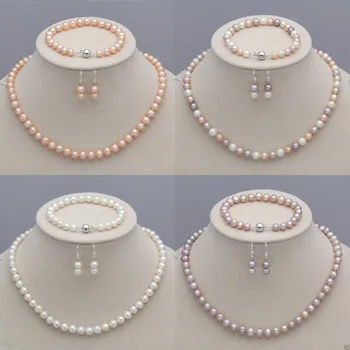 

New 7-8mm Natural Freshwater Pearl Necklace Bracelet Earrings Set