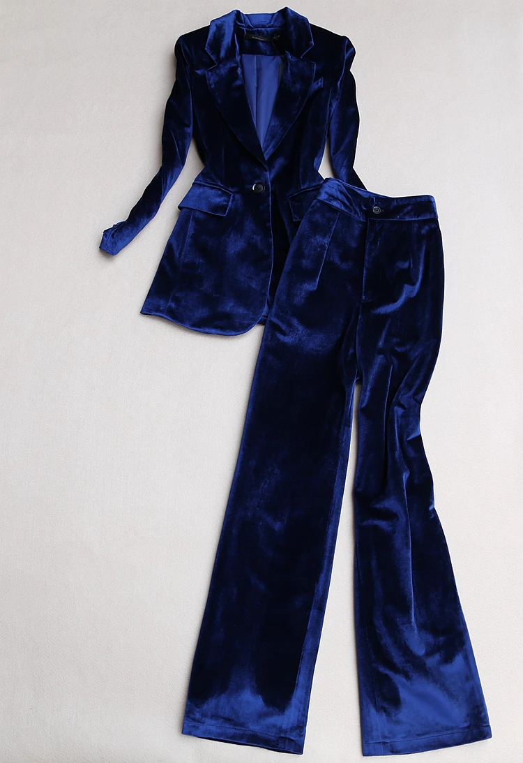 Navy blue Комплект из 2 предметов для женщин, бархатный блейзер+ брюки, костюмы, модный костюм, женский тонкий золотой бархатный пиджак, широкие брюки, костюм из двух предметов - Цвет: Navy blue