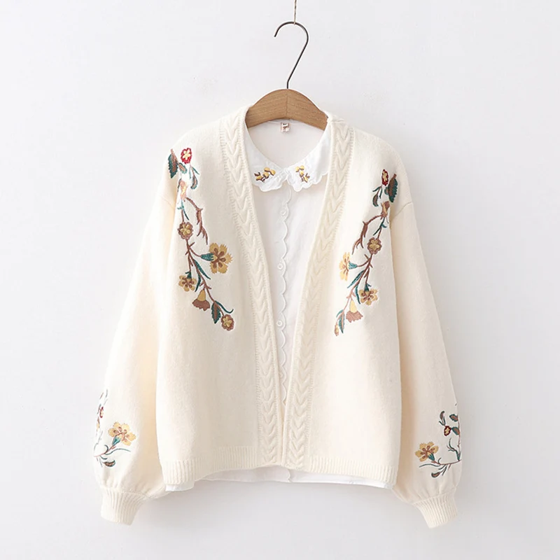 Autumn Winter Chic Flowers Embroidery Cardigan Women Casual Sweet Solid Lantern Sleeve Female Vestido Sweater For Ladies Z147